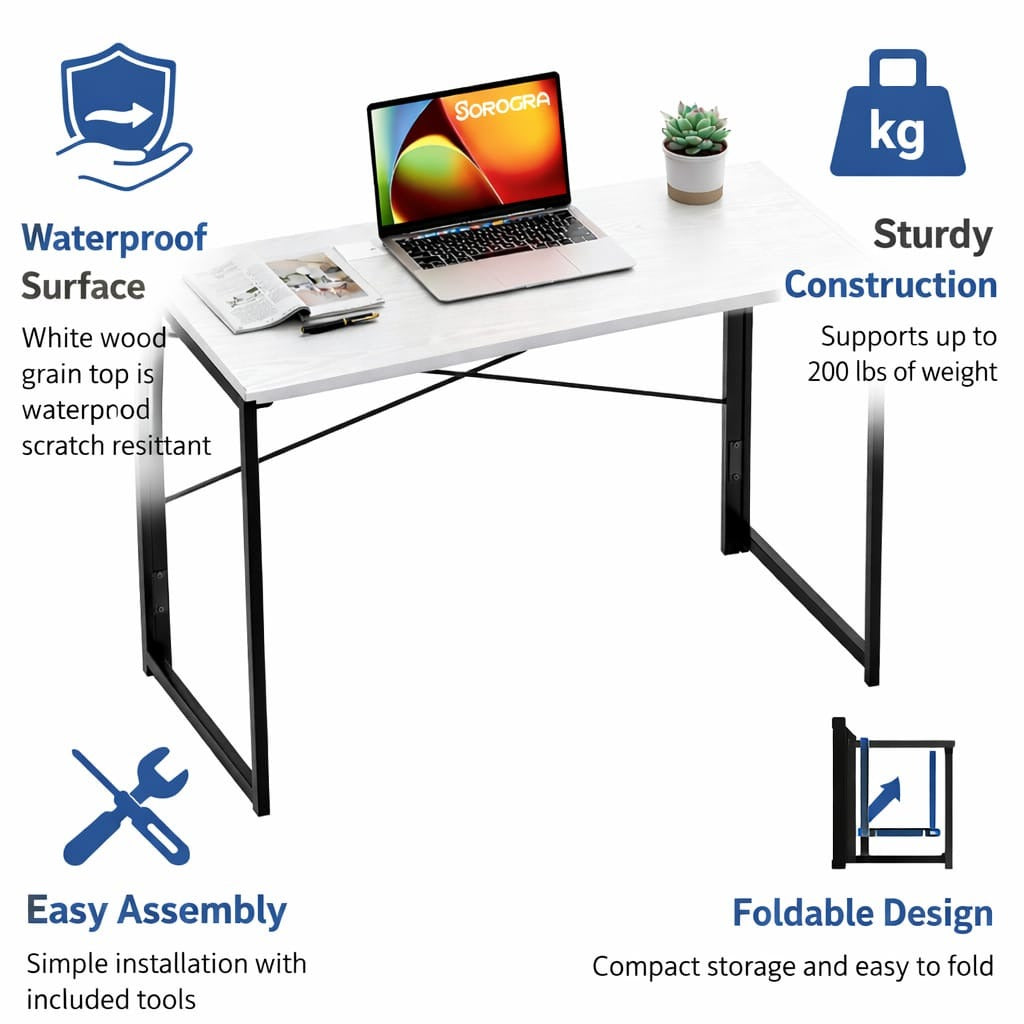 Modern Minimalist Folding table | Black Industrial Study Desk | Space saving Foldable table