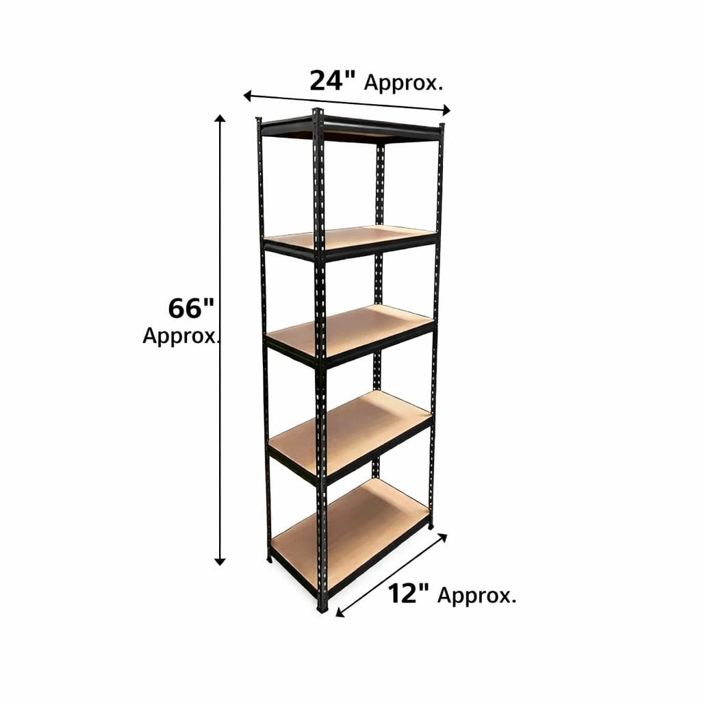 Tall size boltless rack Non laminated| 5-tier metal storage rack| Heavy duty steel shelving unit black mdf shelves.
