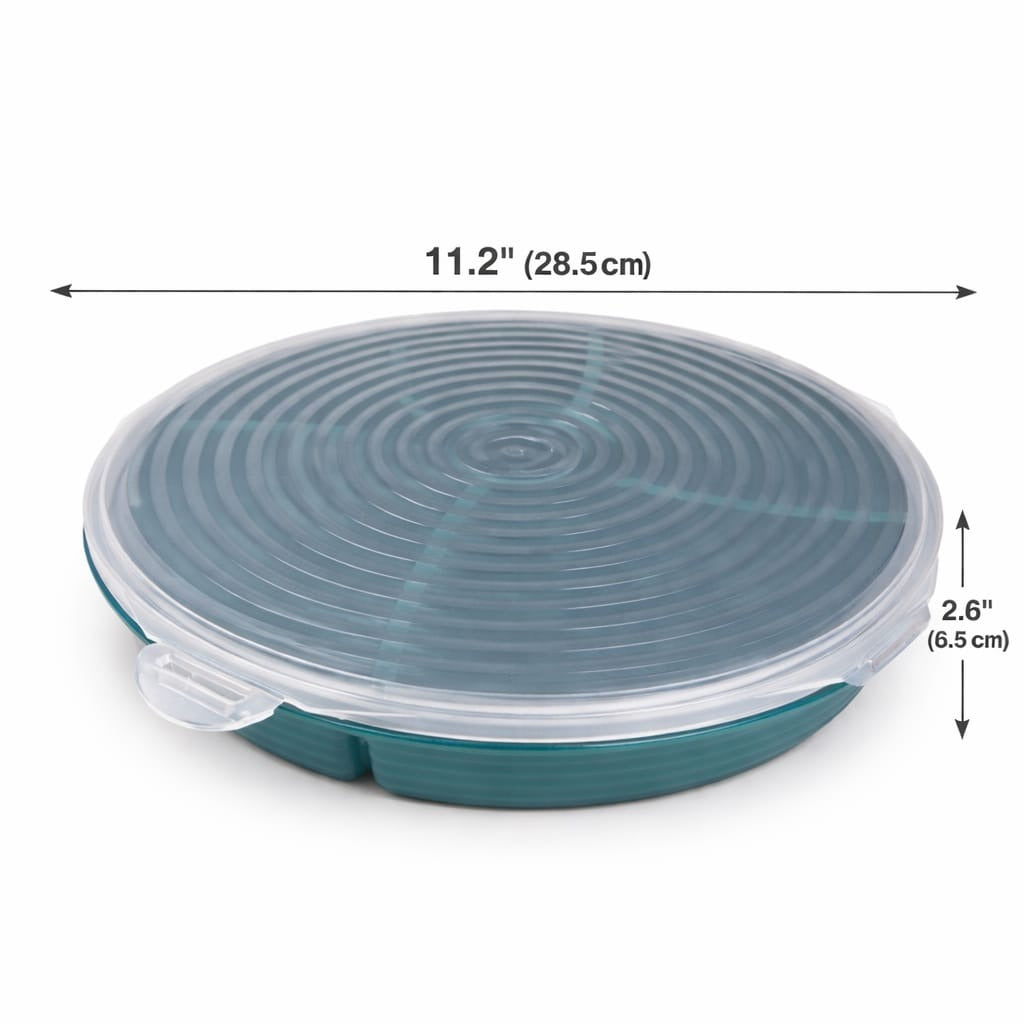 Round multipurpose plastic snack storage box with lid compartment tray blue