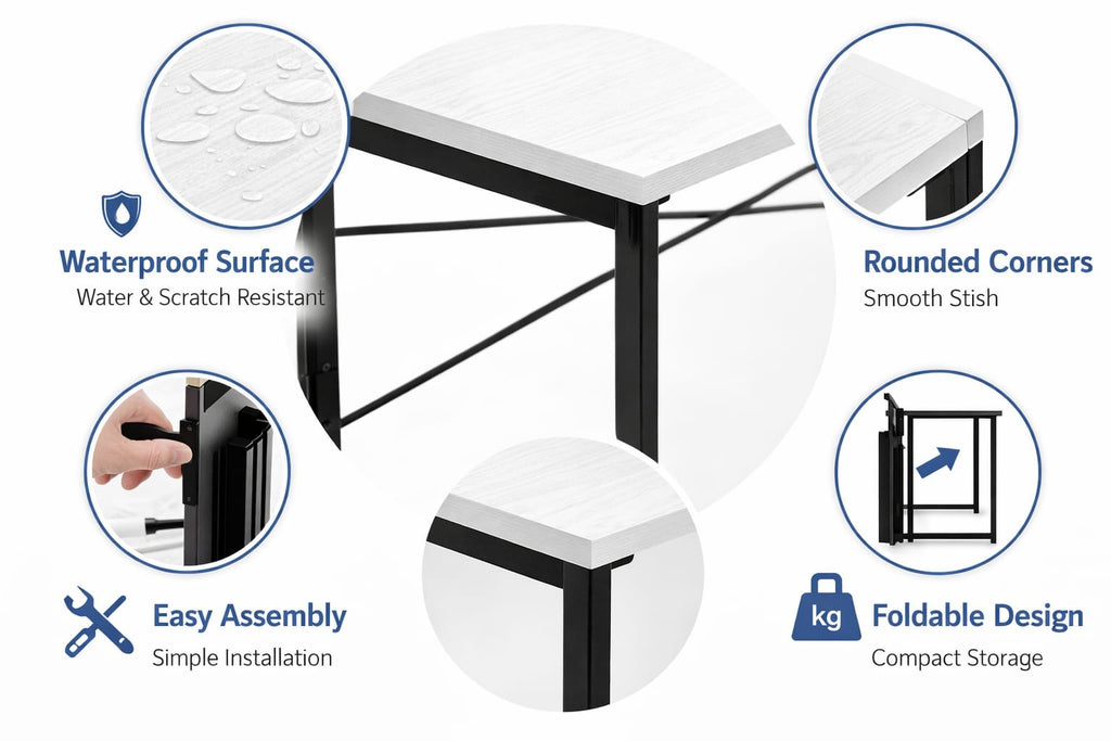 Foldable Computer Table for Home & Office | Space-Saving Work from Home Desk | Strong Metal Frame & Wood Brak Top