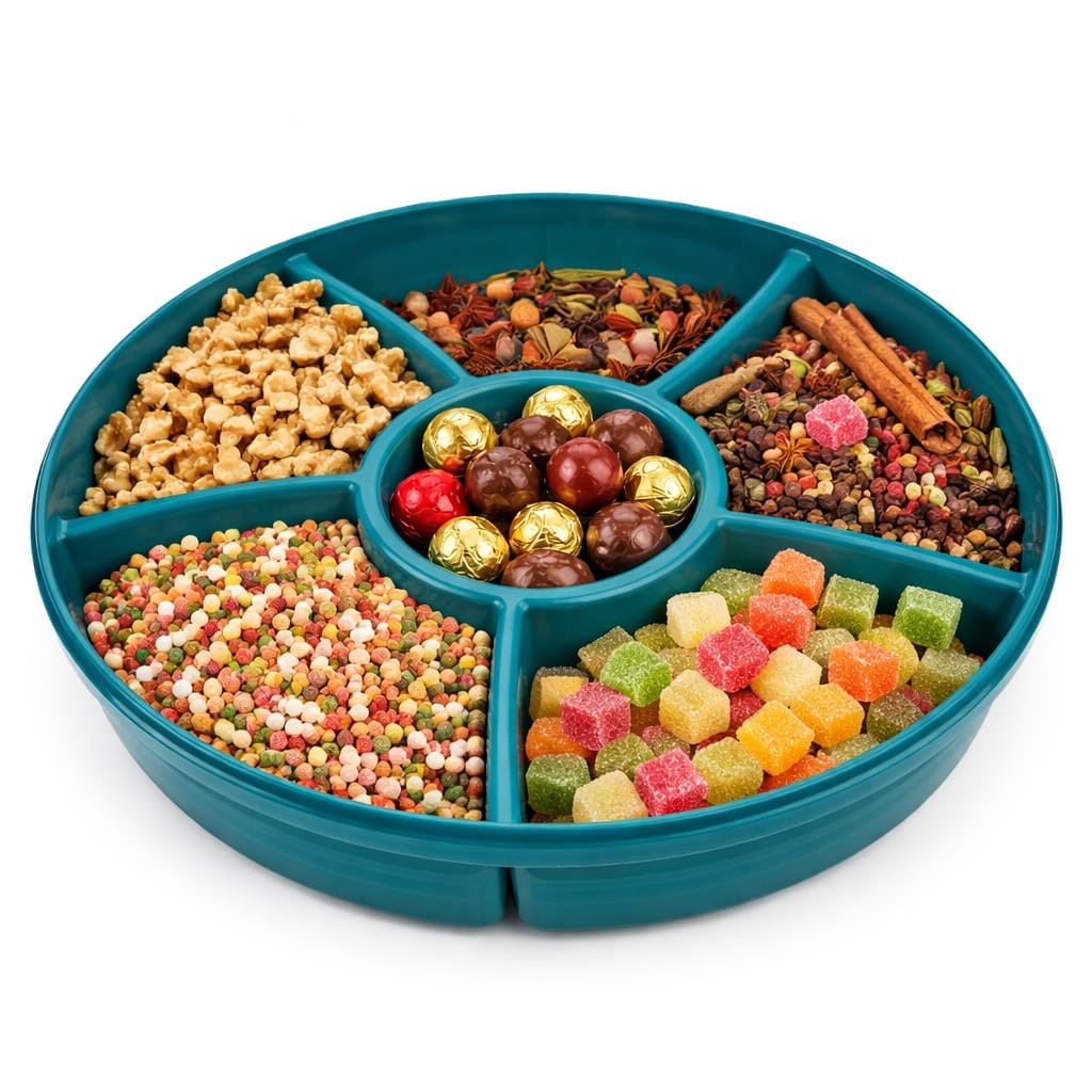 Round multipurpose plastic snack storage box with lid compartment tray blue
