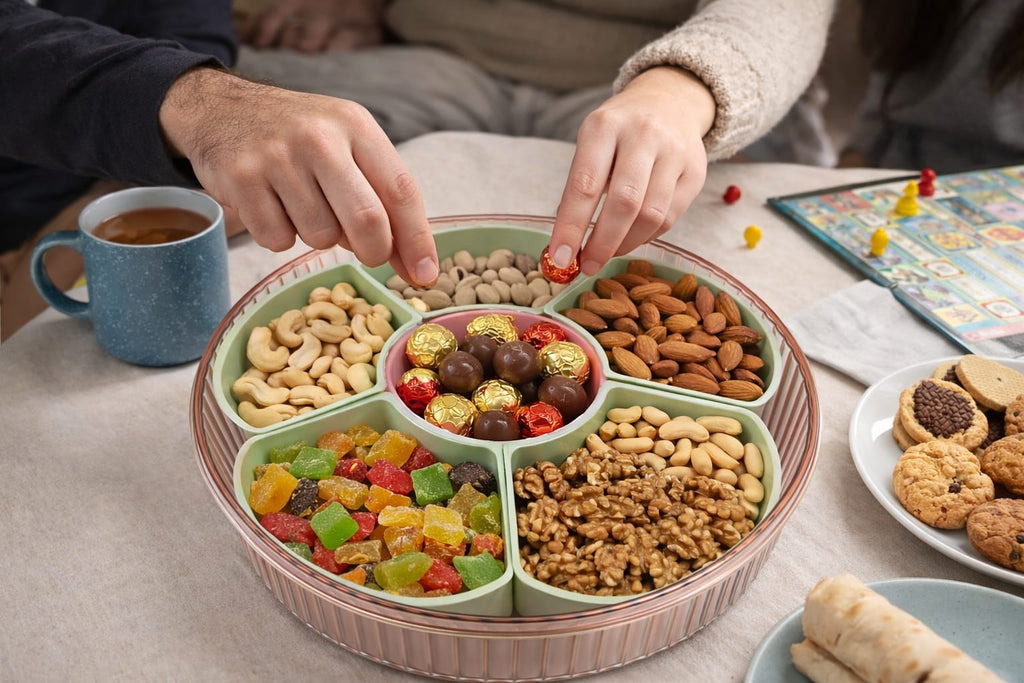 Luxury round dry fruit serving tray with golden horse lid pink transparent divider box