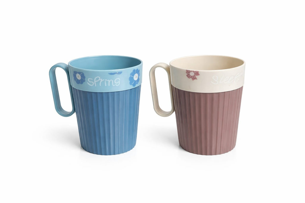 Blue Plastic Coffee Mug with Handle – “Spring” Floral Design Tea & Milk Cup