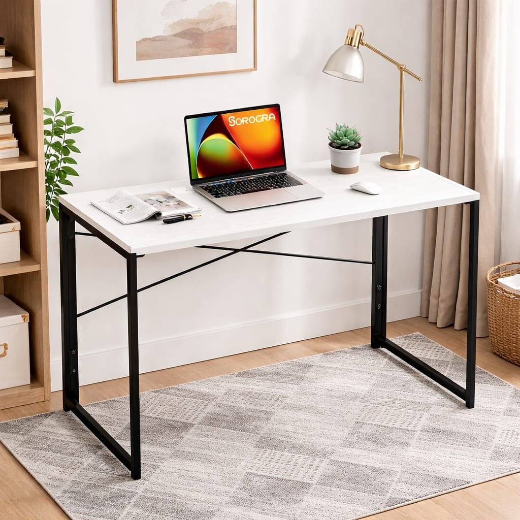 Foldable Computer Table for Home & Office | Space-Saving Work from Home Desk | Strong Metal Frame & Wood Brak Top