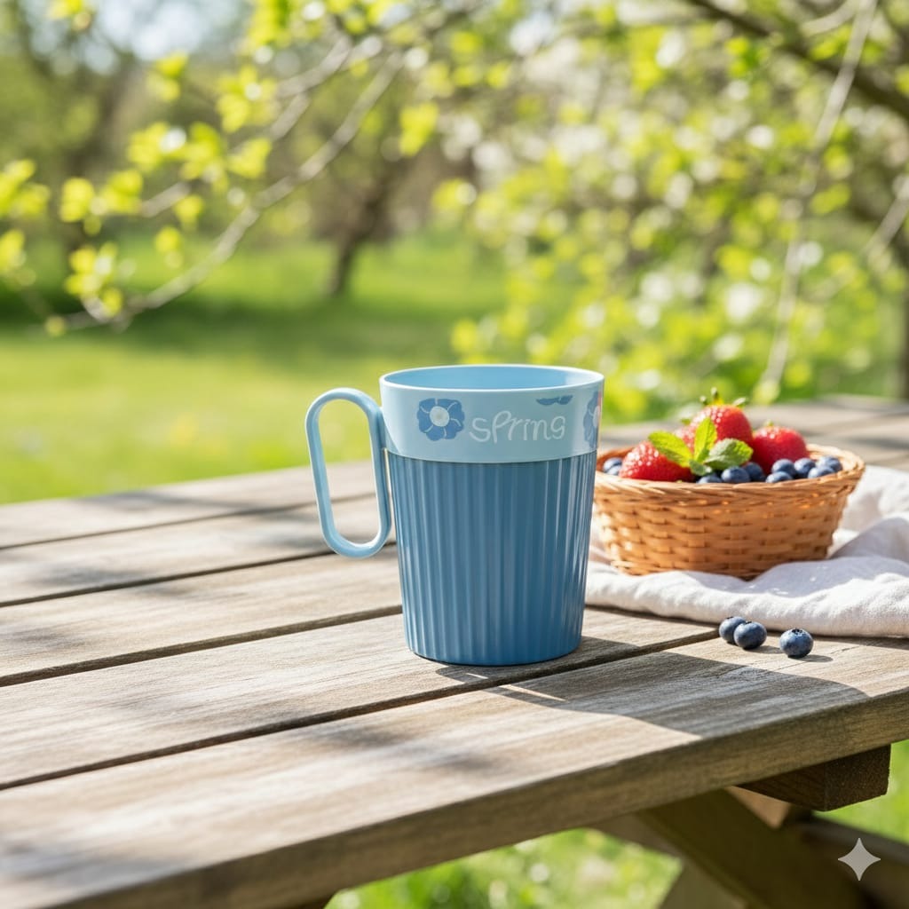 Blue Plastic Coffee Mug with Handle – “Spring” Floral Design Tea & Milk Cup