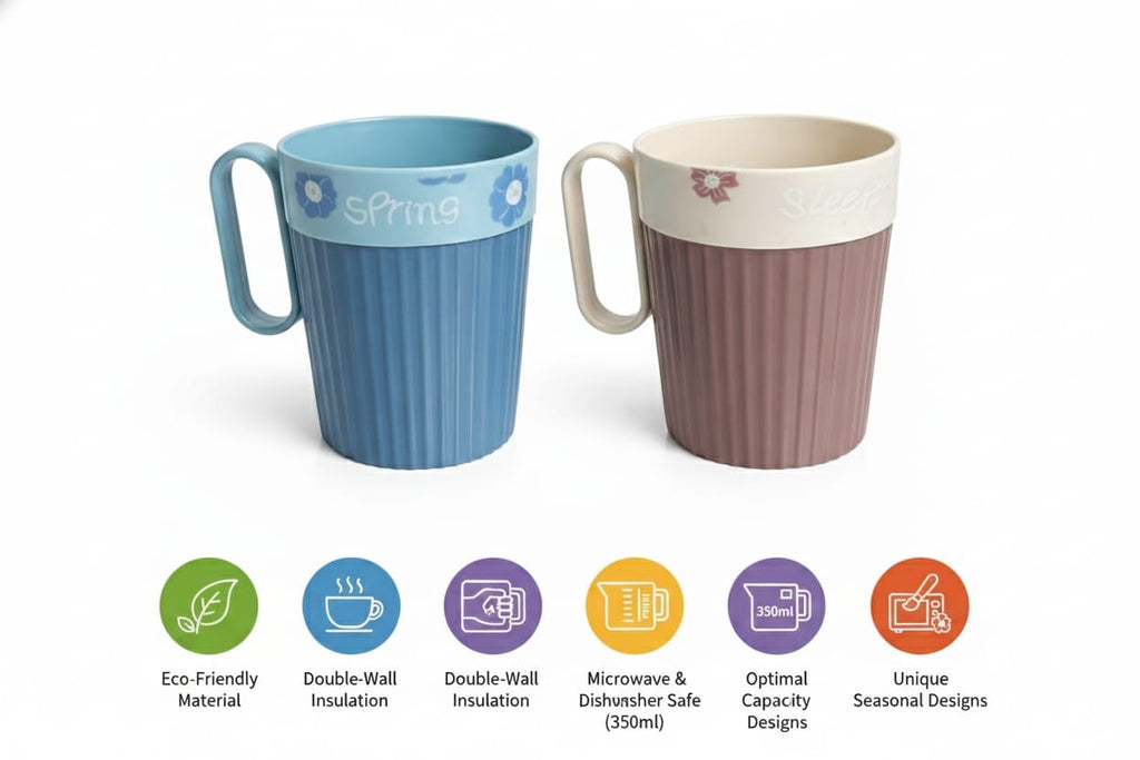 Blue Plastic Coffee Mug with Handle – “Spring” Floral Design Tea & Milk Cup