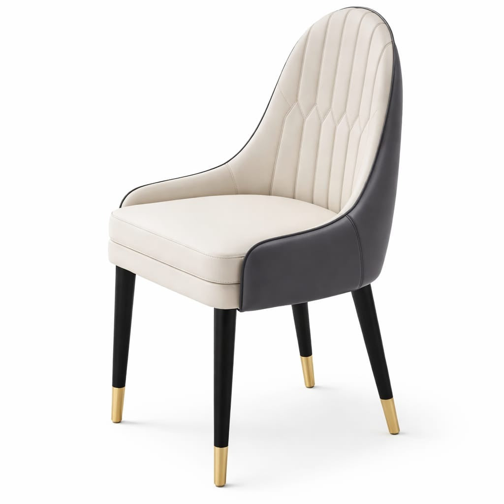 Modern Upholstered Dining Chair with Armrests – Grey PU Leather Chair with Black Metal Legs & Gold Tips