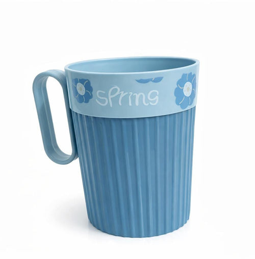 Blue Plastic Coffee Mug with Handle – “Spring” Floral Design Tea & Milk Cup