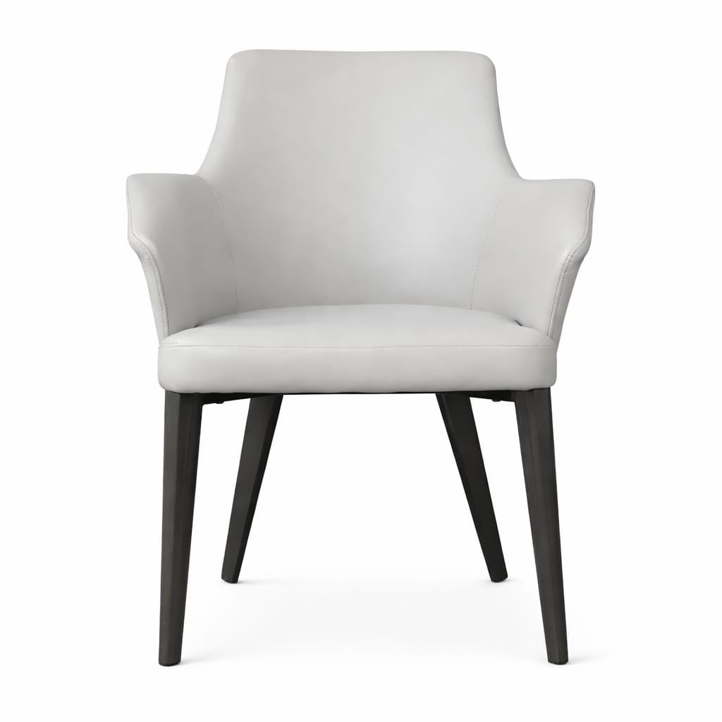 Modern Grey Upholstered Arm Dining Chair | Minimalist Metal Leg Lounge Chair | Luxury Living Room & Restaurant Accent Chair