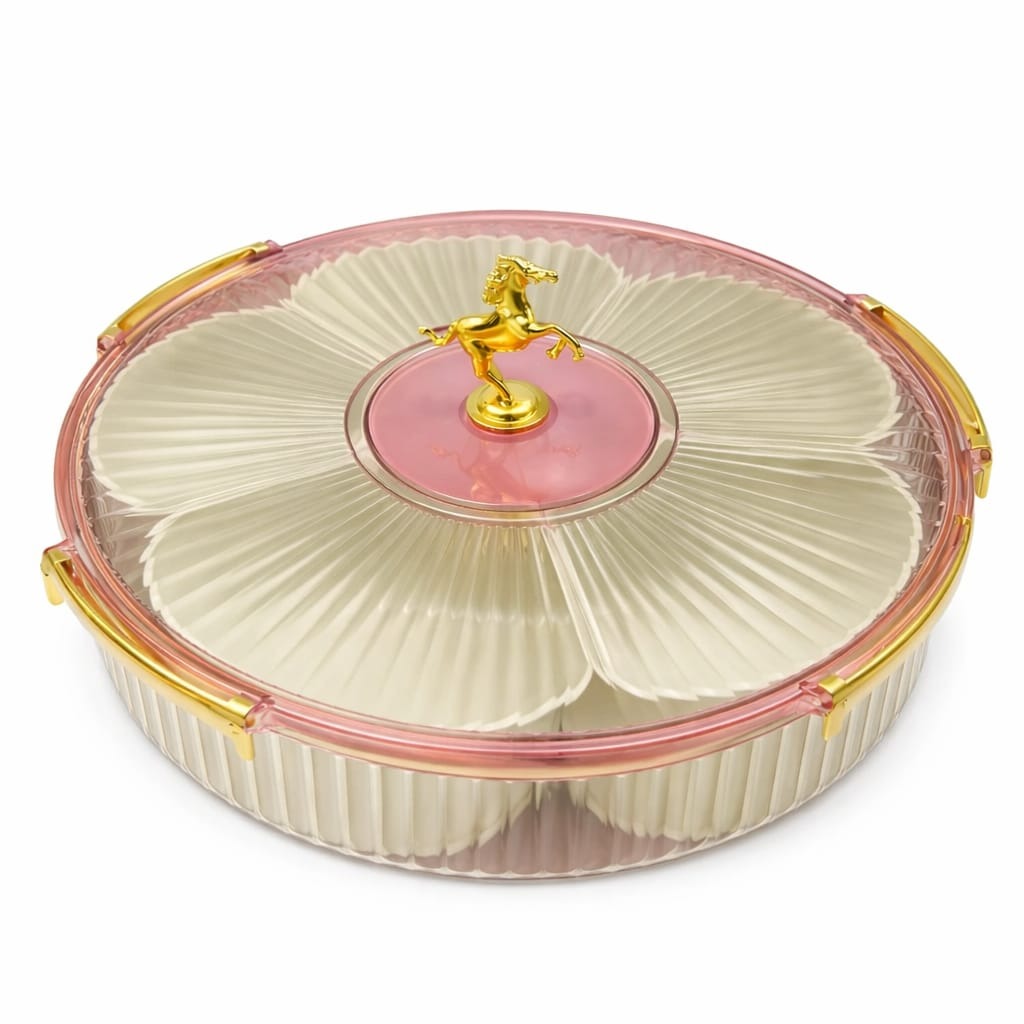 Luxury round dry fruit serving tray with golden horse lid pink transparent divider box