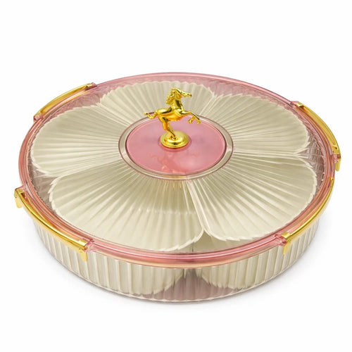 Luxury round dry fruit serving tray with golden horse lid pink transparent divider box