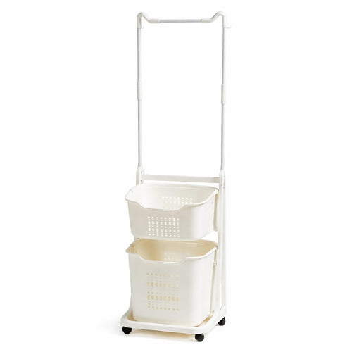 2-Tier Laundry Basket Organizer with Built-in Hanging Clothes Rack – White