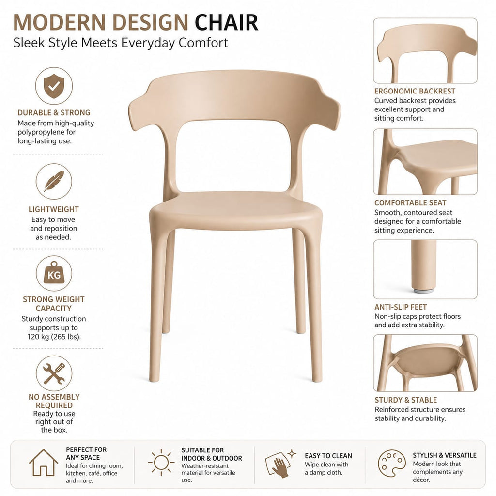 Modern Minimalist Molded Dining Chair – Ergonomic Open-Back Armchair with Sculptural Silhouette, Durable Matte Polypropylene, Stackable Accent Seating for Dining Room, Patio, and Cafe – Sandal