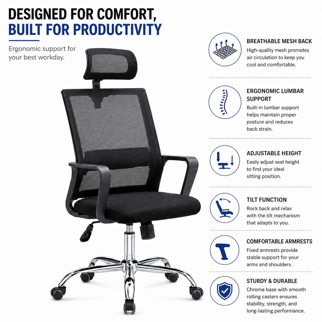 Ergonomic High-Back Mesh Office Chair with Adjustable Headrest and Lumbar Support – Breathable Swivel Executive Desk Chair with Chrome Base and Smooth-Rolling Casters for Home Office, Black
