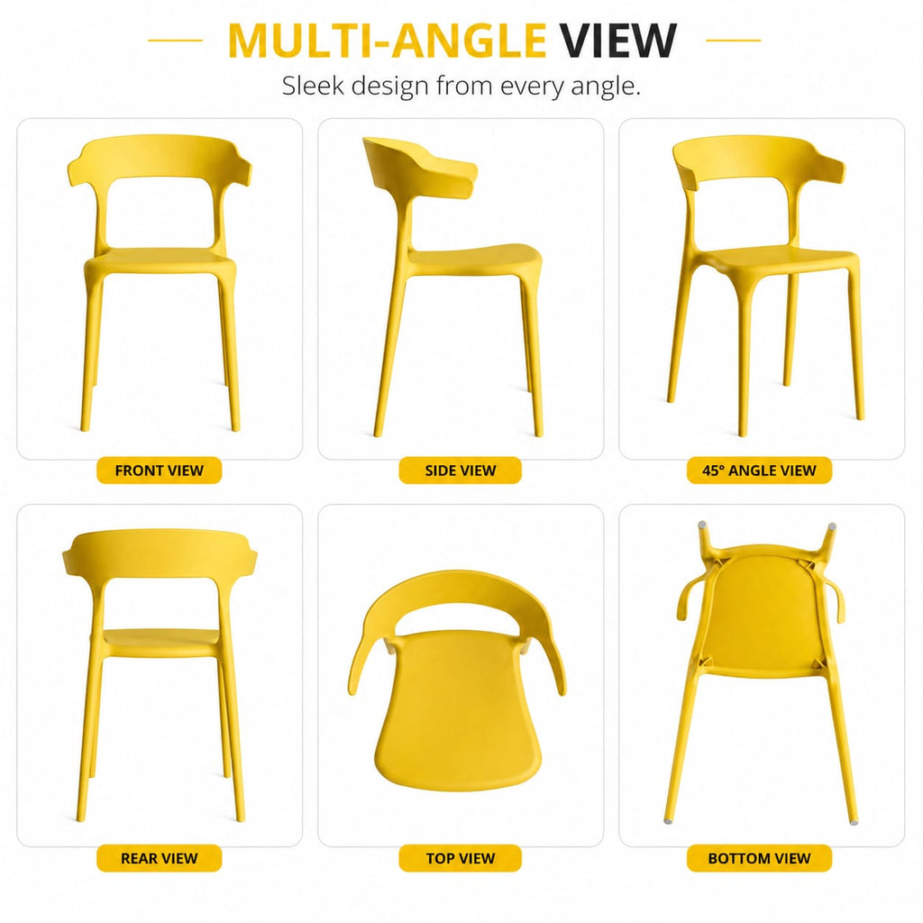 Modern Yellow Plastic Chair with Armrest – Minimalist Ergonomic Dining Chair, Lightweight Durable Seating for Home, Office, Cafe & Balcony