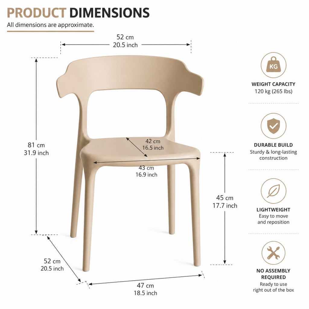 Modern Minimalist Molded Dining Chair – Ergonomic Open-Back Armchair with Sculptural Silhouette, Durable Matte Polypropylene, Stackable Accent Seating for Dining Room, Patio, and Cafe – Sandal