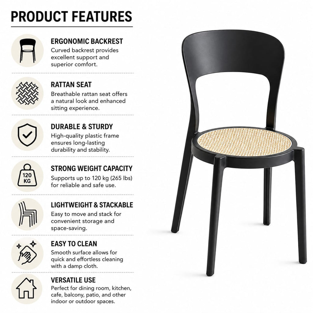 Modern Black Dining Chair with Cane Seat – Minimalist Plastic Frame Accent Chair