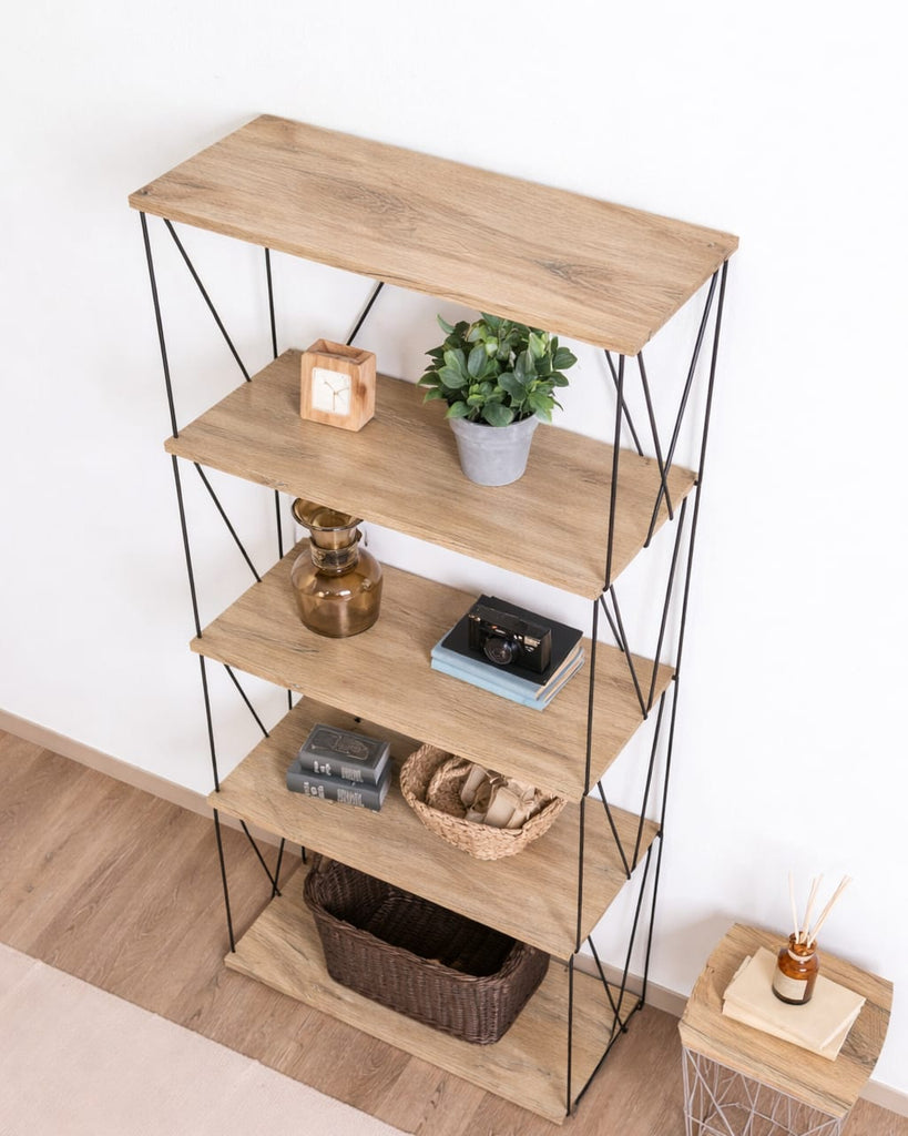 Modern 5-Tier Wooden & Metal Storage Rack | Multi-Purpose Display Shelf for Living Room, Kitchen & Bedroom