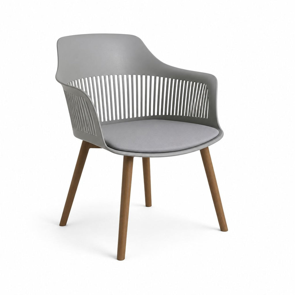 Modern Grey Dining Chair with Cushion Seat & Wooden Legs – Contemporary Plastic Accent Chair for Kitchen & Living Room