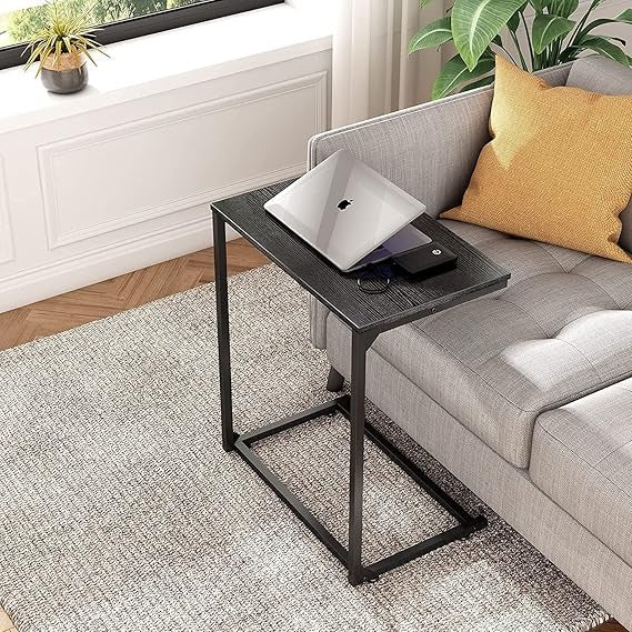 End Table Living Room, C Shaped End Table, Side Table for Couch Slide Under, C Table Sofa Side End Table,Wood Finish and Metal Frame