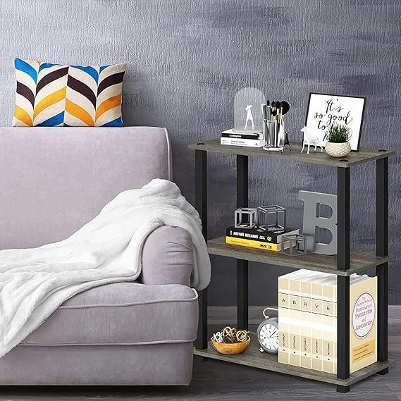 3-Tier Storage Shelf Rack Stand Turn-N-Tube End Table Corner Display Rack Hallway, Living Room, Metal, Easy Assembly, Space Saving, Industrial (Rectangle -3)