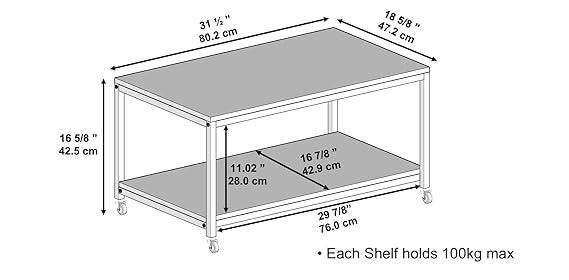 Metal Heavy Duty Coffee Center Wheels 2-Tier Tea Table with Storage Shelf, Cocktail Table TV Stand Accent Furniture for Home Office Living Room
