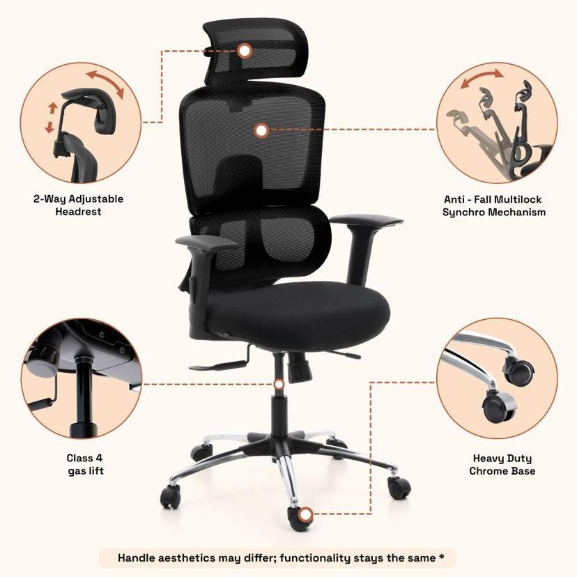 High Back Mesh Office Chair with Headrest & Lumbar Support | Adjustable Swivel Computer Chair with Wheels | Executive Work From Home Chair (Black)