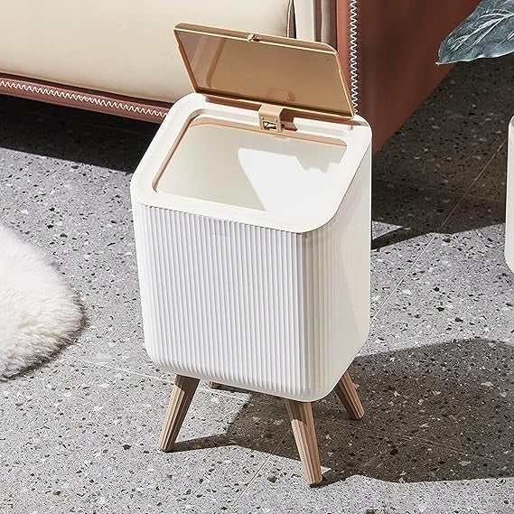 Modern Nordic Standing Dustbin with Wooden Legs & Soft-Close Lid
