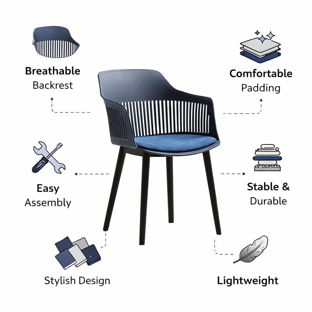 Modern Plastic Dining Chair with Armrest & Cushioned Seat – Contemporary Accent Chair with Sturdy Black Legs for Dining Room, Living Room & Office