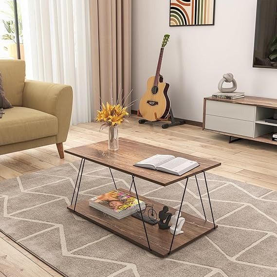 Modern 2-Tier Wire Coffee Tepoy with Storage Shelf | Wooden Finish Center Table for Living Room | Rectangular Tea Table for Home & Office| (Wire TEPOY)