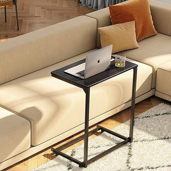 End Table Living Room, C Shaped End Table, Side Table for Couch Slide Under, C Table Sofa Side End Table,Wood Finish and Metal Frame