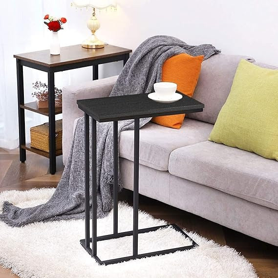 End Table Living Room, C Shaped End Table, Side Table for Couch Slide Under, C Table Sofa Side End Table,Wood Finish and Metal Frame