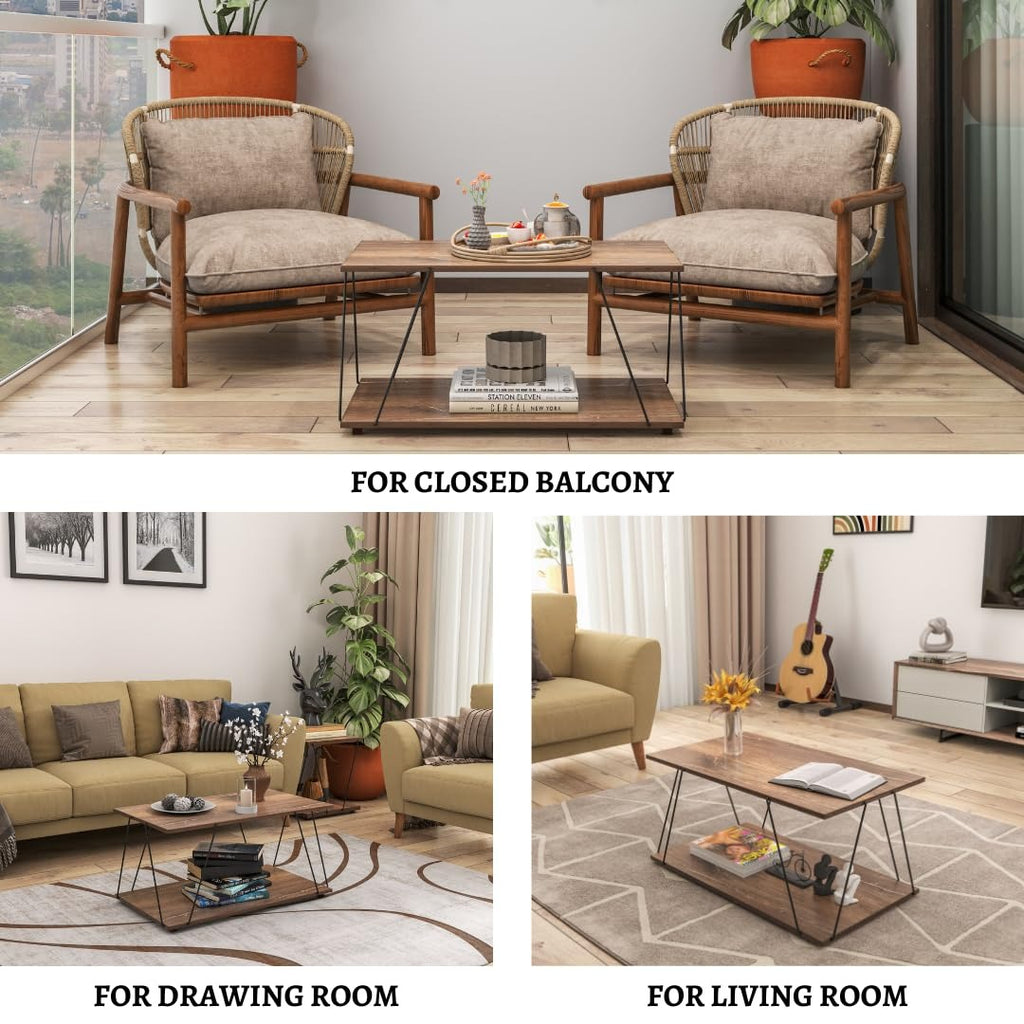 Modern 2-Tier Wire Coffee Tepoy with Storage Shelf | Wooden Finish Center Table for Living Room | Rectangular Tea Table for Home & Office| (Wire TEPOY)