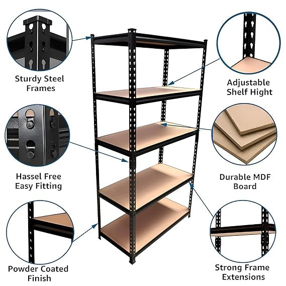12-5 Shelf Black Matte Finish Adjustable Shelving Unit Storage Display Rack Steel Boltless Rivet Rack