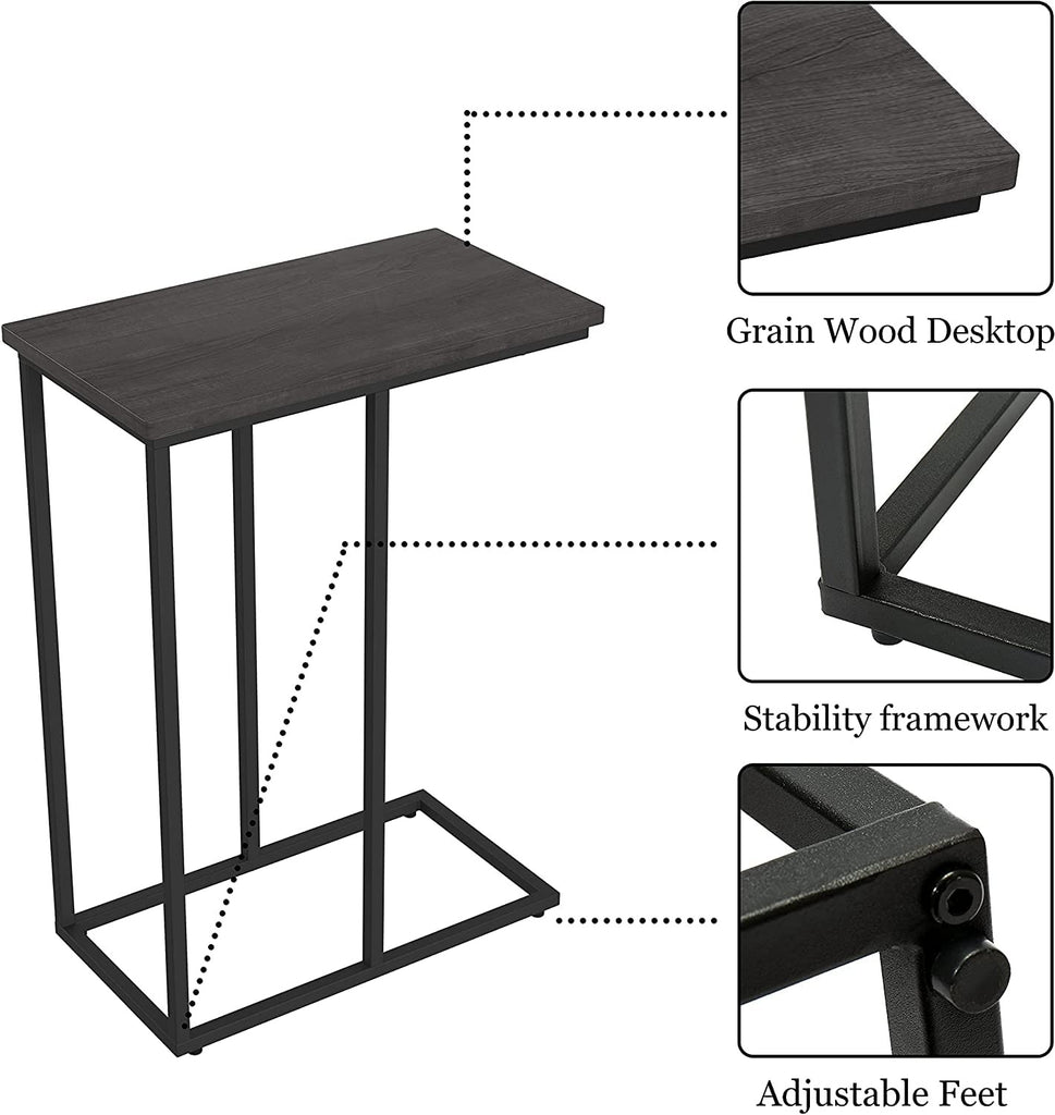 End Table Living Room, C Shaped End Table, Side Table for Couch Slide Under, C Table Sofa Side End Table,Wood Finish and Metal Frame