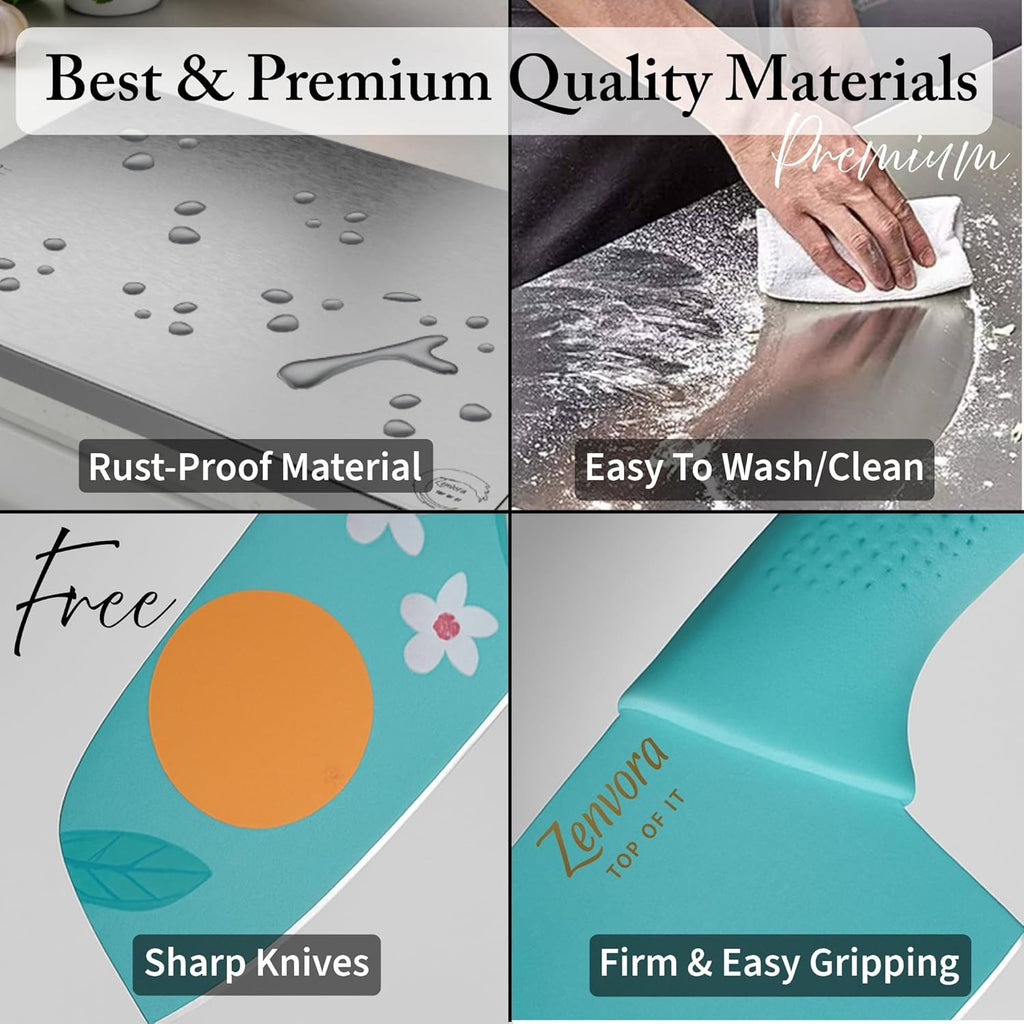 Premium Stainless Steel Chopping Board Large with Lip and Free Fruit Knife for Kitchen | Vegetable Cutting Board | Non-Slip, Rust-Proof | for Meat, Fish,Veggies | chapati Board