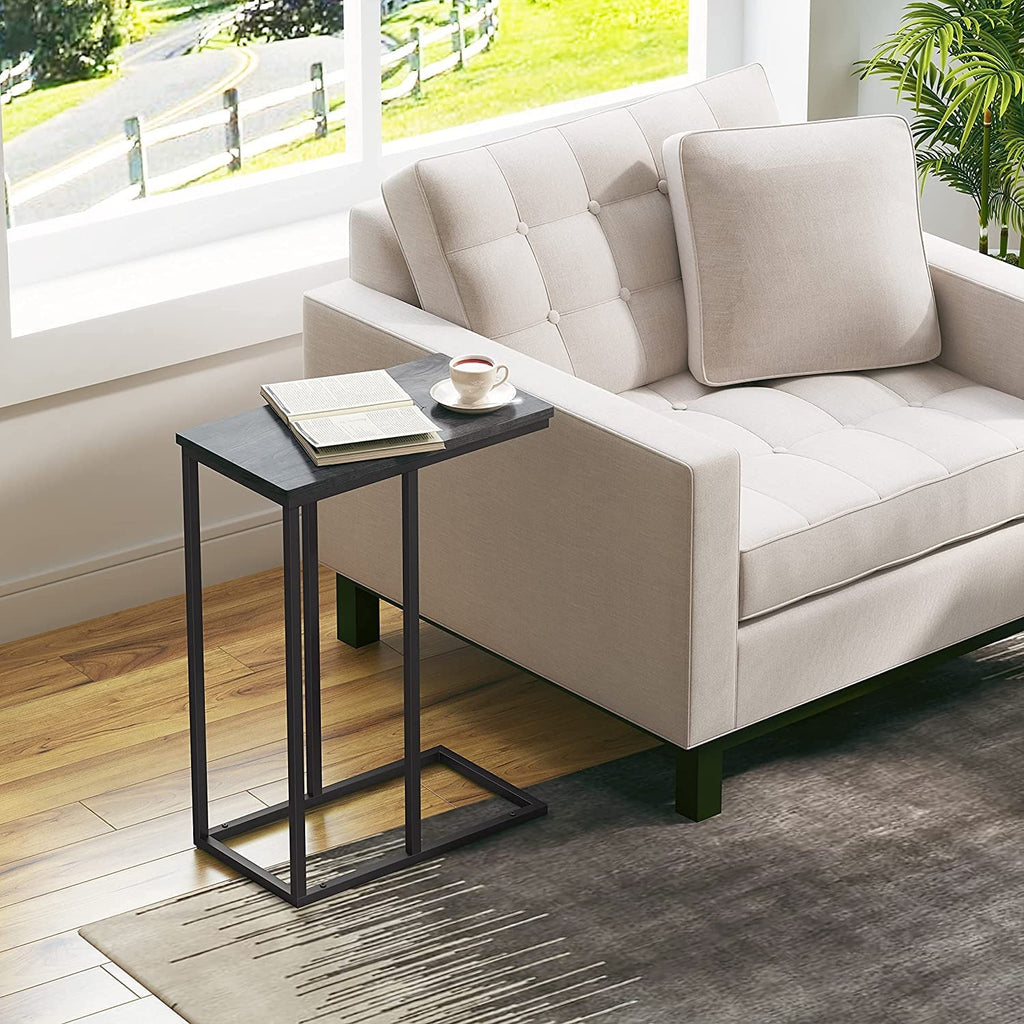End Table Living Room, C Shaped End Table, Side Table for Couch Slide Under, C Table Sofa Side End Table,Wood Finish and Metal Frame