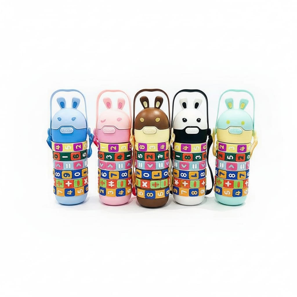 Cute Bunny Kids Water Bottle with Learning Sleeve