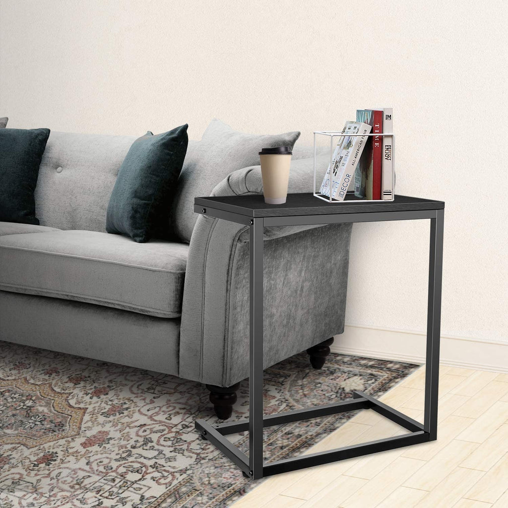 End Table Living Room, C Shaped End Table, Side Table for Couch Slide Under, C Table Sofa Side End Table,Wood Finish and Metal Frame