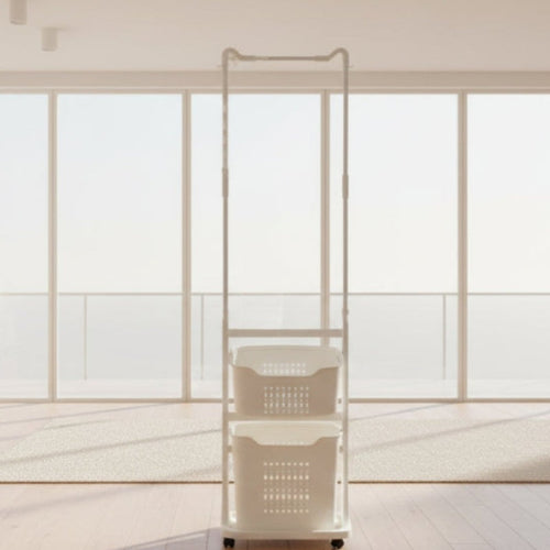 2-Tier Laundry Basket Organizer with Built-in Hanging Clothes Rack – White