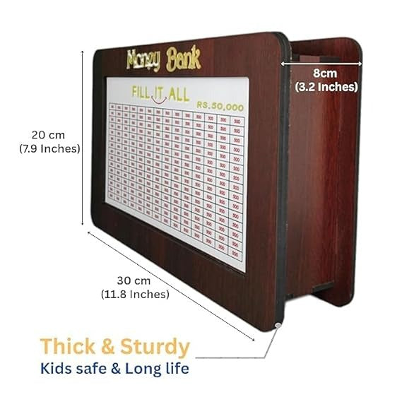 Money Bank Wooden Savings Challenge Box – Fill It All ₹50,000