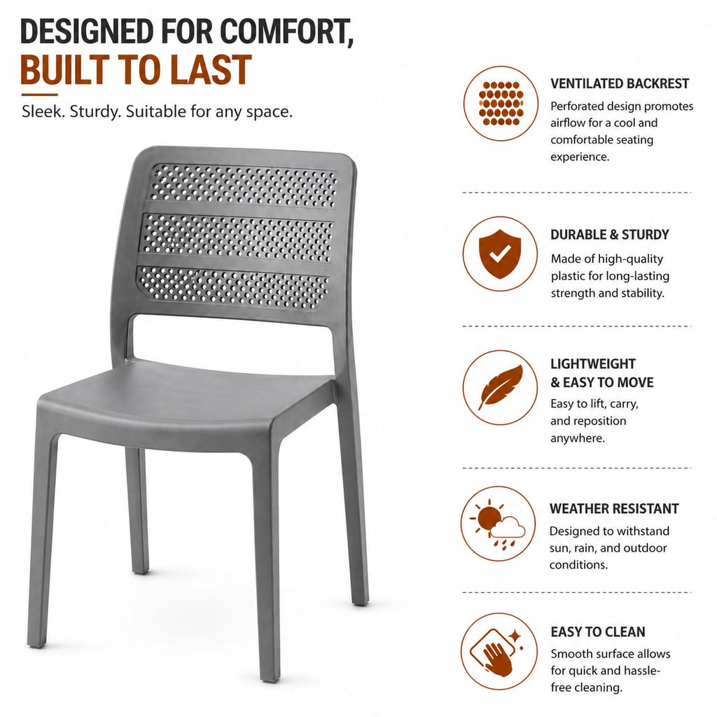 Contemporary Perforated Side Chair – Lightweight Matte Grey Dining Chair with Breathable Lattice Back, Durable All-Weather Polypropylene, Stackable Seating for Kitchen, Restaurant, & Office