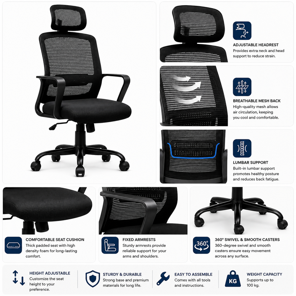 ECCO MB BLACK CHAIR WITH HEADREST