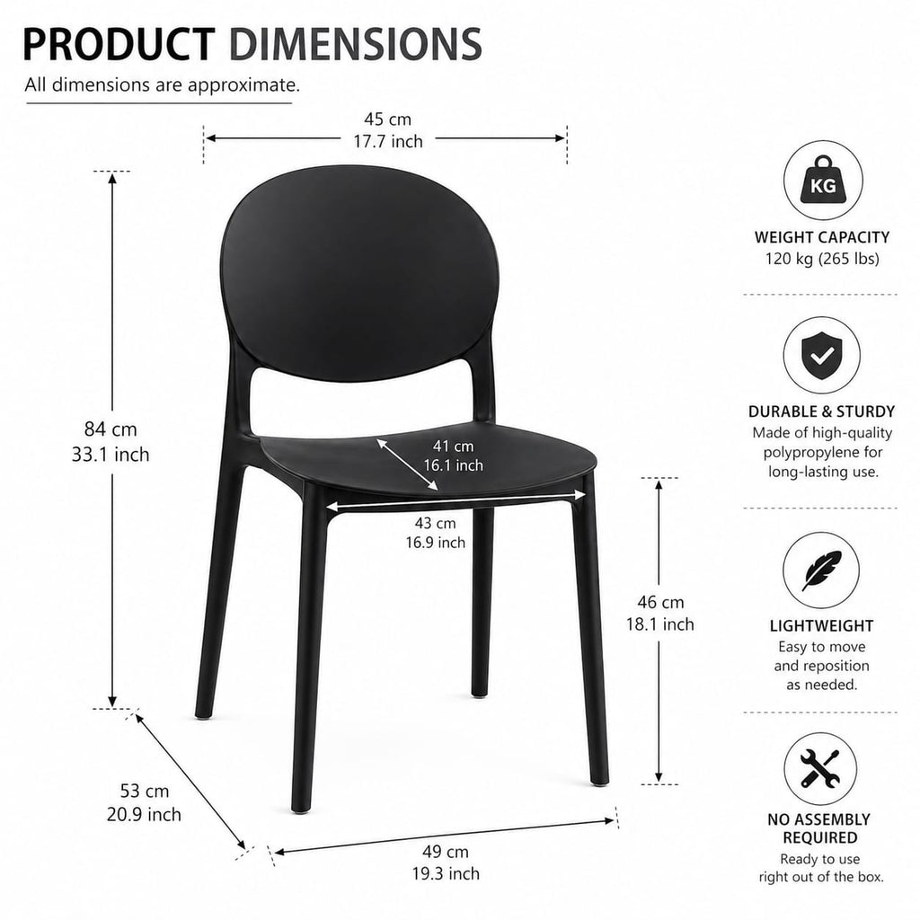Black Dining Chair – Ergonomic Rounded Back Side Chair, Lightweight Stackable Plastic Seating for Kitchen, Living Room, Dining Area, or Office – Sleek Minimalist Design