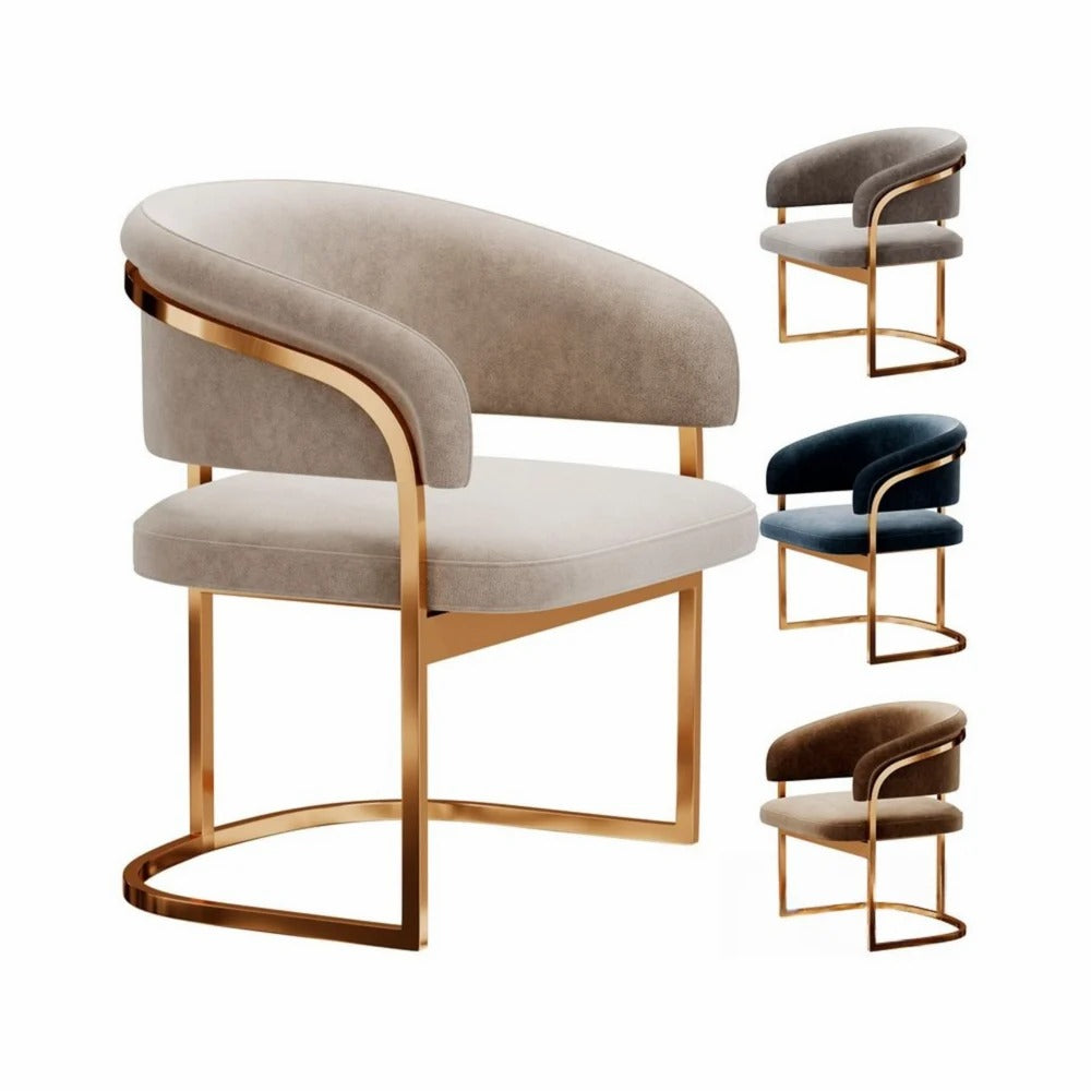 Luxury Velvet Accent Chair with Curved Backrest – Grey Upholstered Chair with Gold Metal Frame